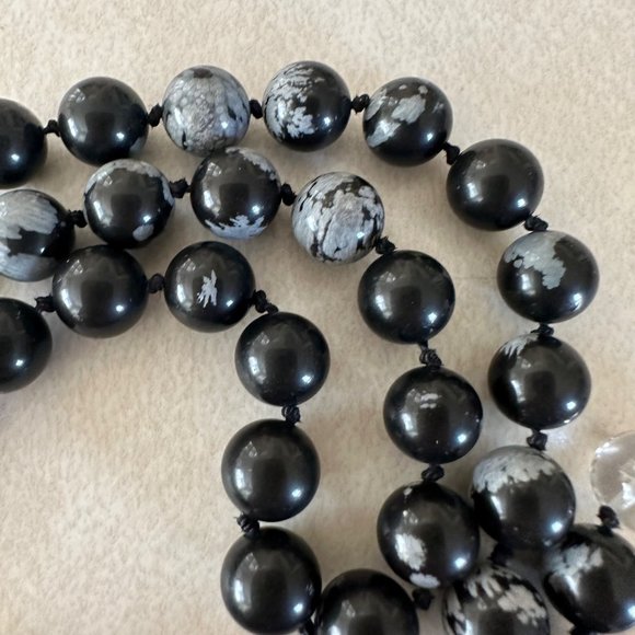 Sterling silver vintage black snowflake obsidian clear glass beaded necklace - Picture 4 of 8